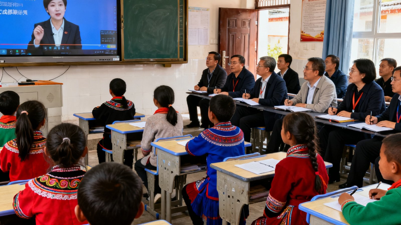 教育部专家组一行在凉山州昭觉县乡村小学考察专递课堂实际应用效果，教室内彝族小学生正在通过大屏幕与成都教师互动，专家组在教室后排认真观摩并记录。