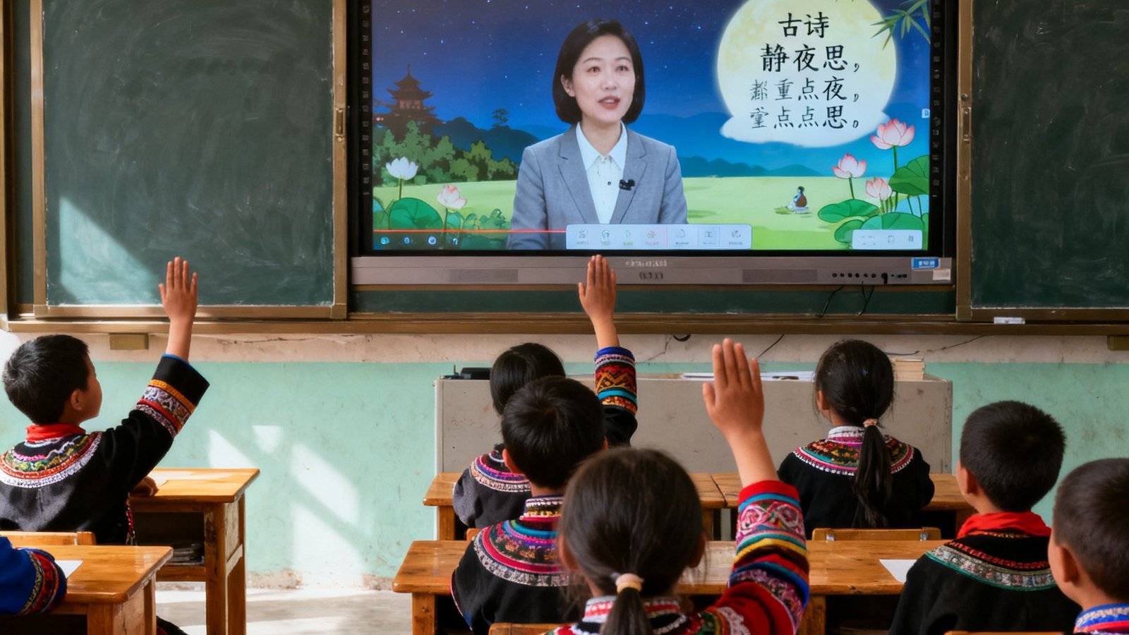 四川凉山州昭觉县某乡村小学教室内，彝族小学生穿着民族服装坐在课桌前，通过专递课堂大屏幕与成都某重点小学的语文教师进行实时互动，屏幕上老师正在展示古诗《静夜思》的配图，孩子们积极举手回答问题。