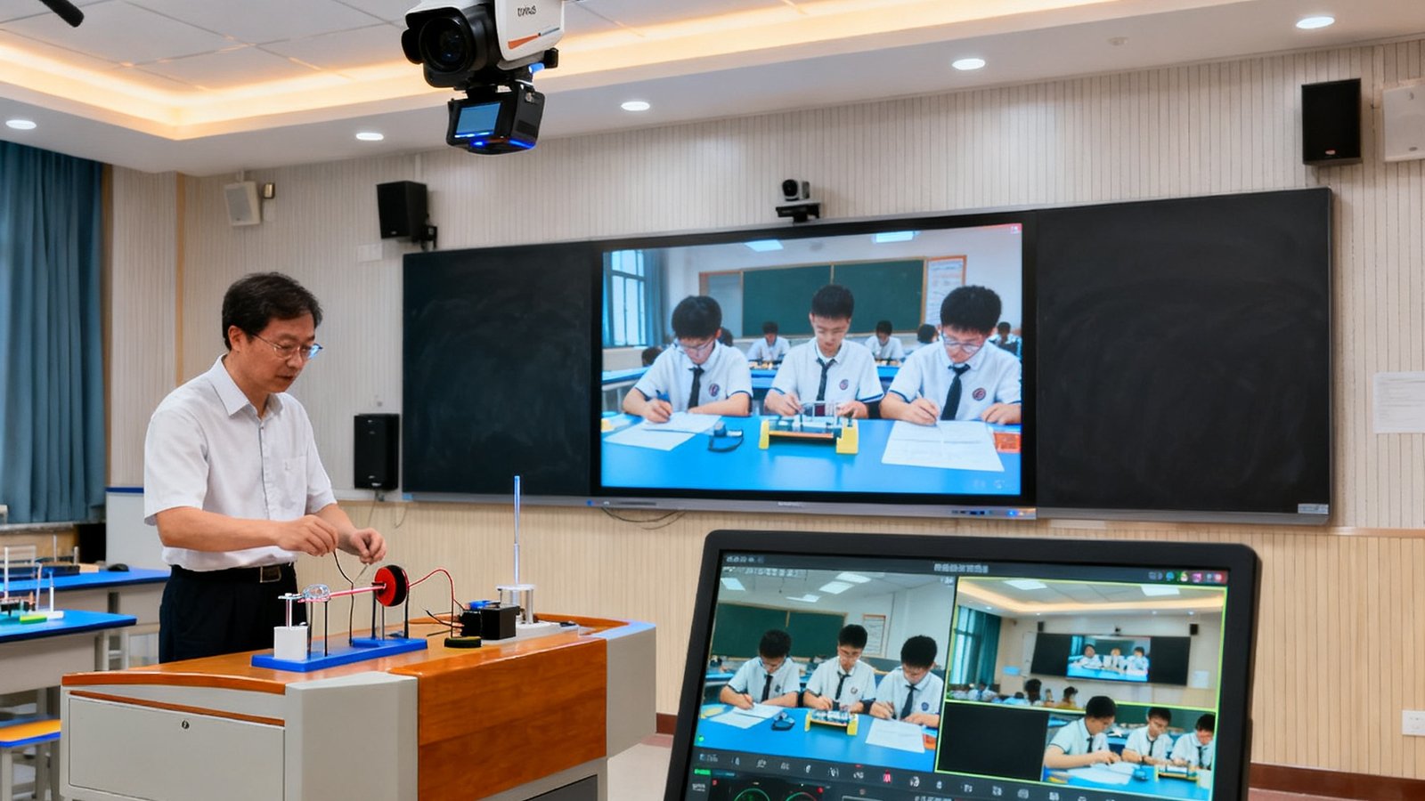 北京师范大学附属实验中学的智慧录播教室内，物理教师正在演示电磁感应实验，天花板上的4K追踪摄像机自动跟随教师移动，桌面上的OG-Pro3录播一体机屏幕显示实时多画面预览，教室后方还有一面展示学生分组实验的副屏幕。