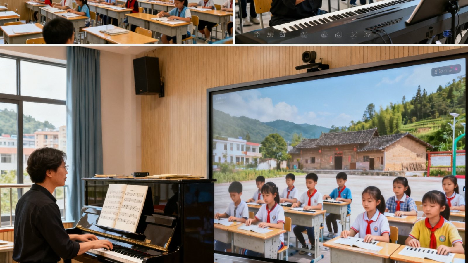 专递课堂实际应用场景，左侧为城市重点学校的音乐教师正在弹奏钢琴并讲解乐理知识，右侧为乡村小学的孩子们通过大屏幕同步观看并跟随练习，屏幕上方显示双方教室的实时画面，实现双向互动。